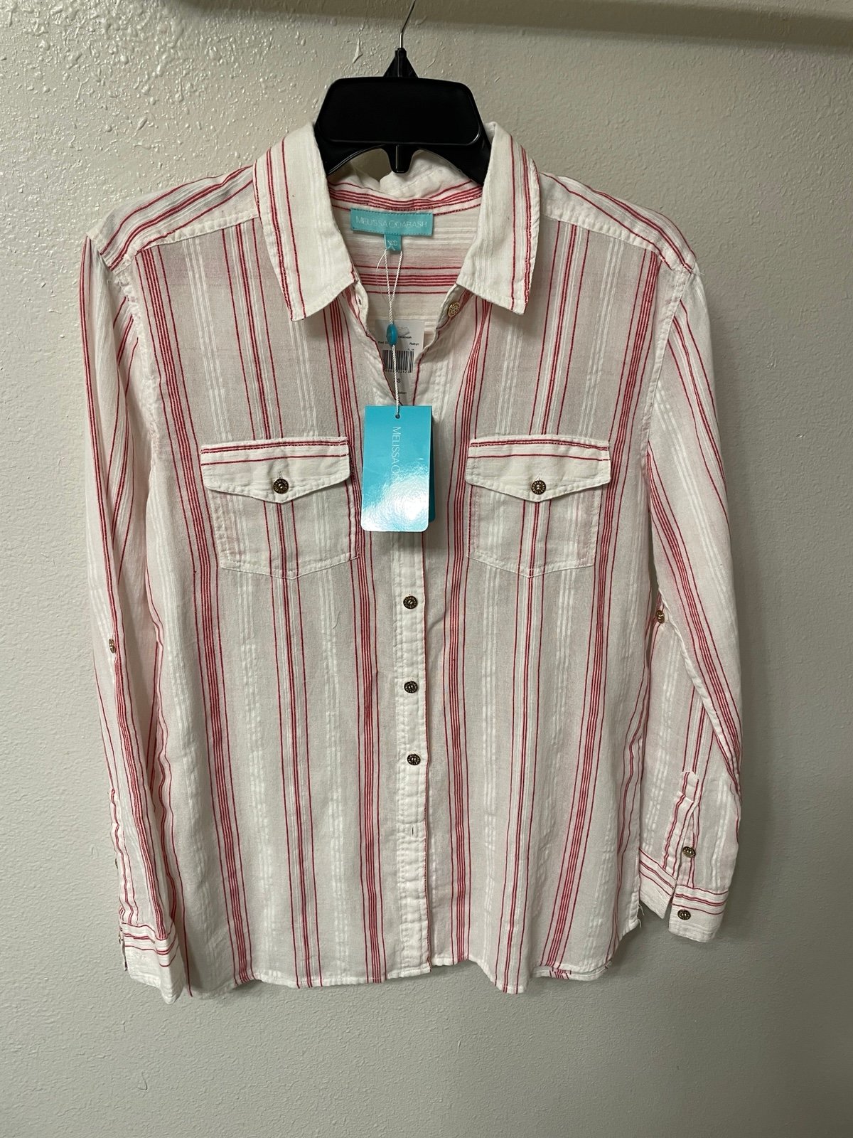 Melissa Odabash White w Red StripeButton-Down Shirt XS