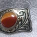 Gold Engraved Western Buckle Yellow Orange Cloudy Stone Center Great Vintage