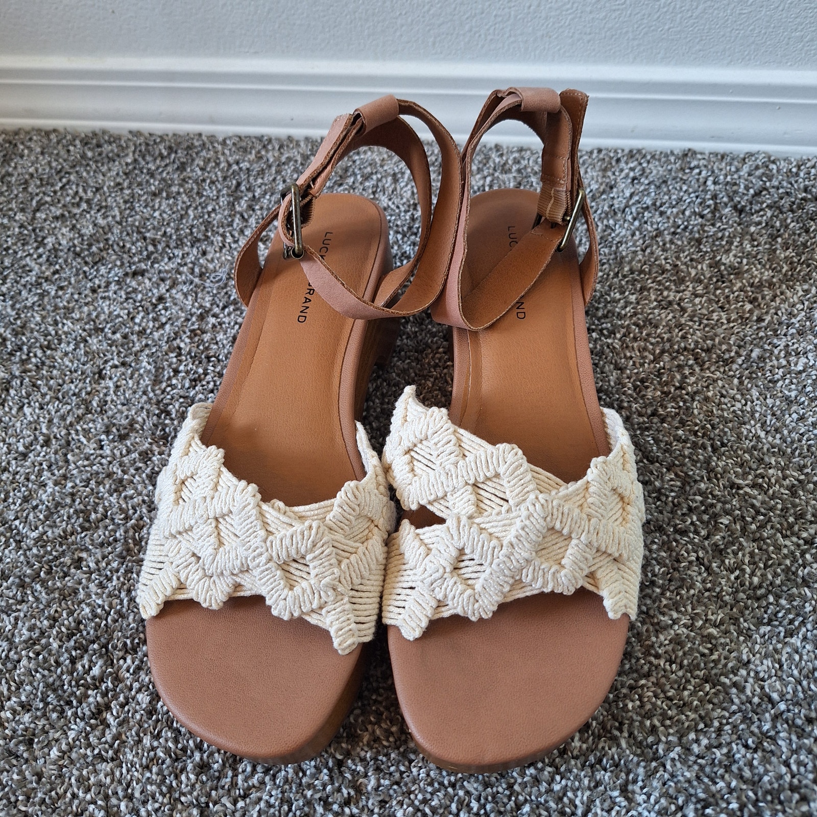 Lucky Brand Famika crochet boho wooden clog ankle strap sandal womens 10