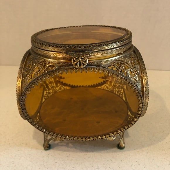 VTG 50s Hollywood Regency Gold Brass Ormolu Filigree Jewelry Casket