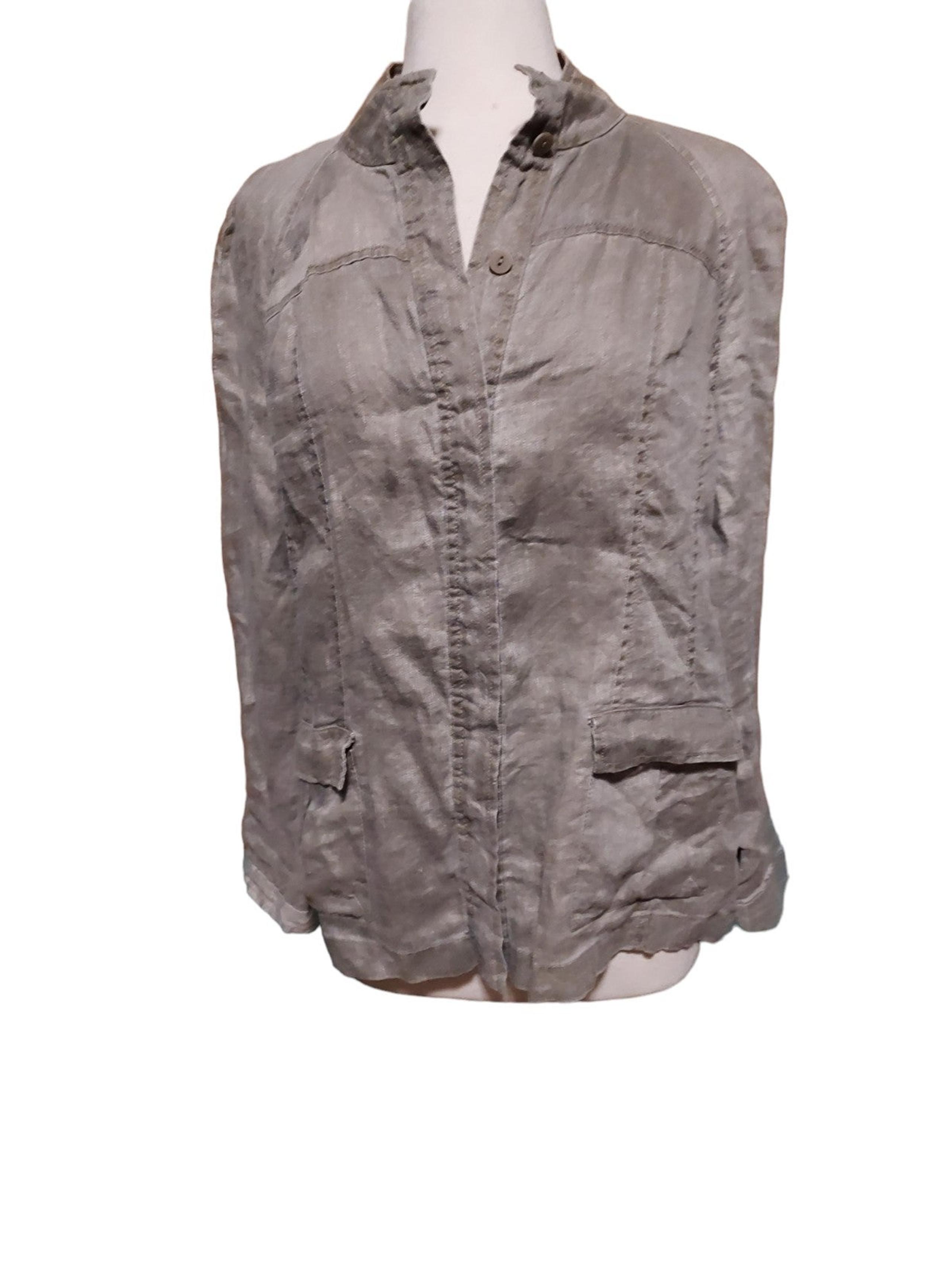 Eileen Fisher L Coat Jacket 100% Linen Grqy Grey Woman Long Sleeve Button Front