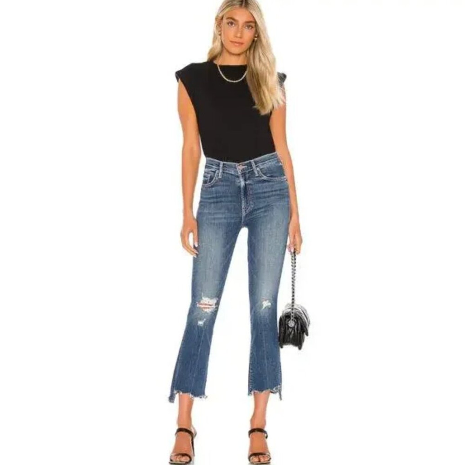 Mother The Insider Crop Step Chew in Dancing on Coals Distressed Blue Jeans Sz29