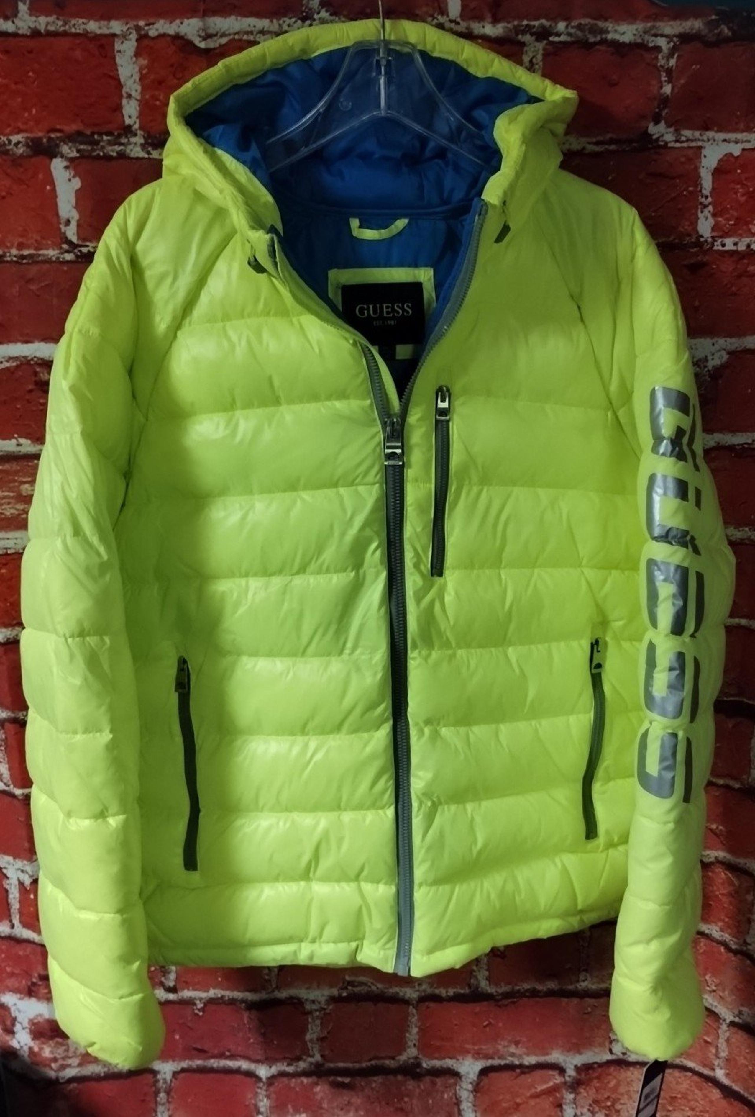 Guess Logo Puffer Hooded Jacket 111AN210 Neon Yellow Blue Men's Size Large $225