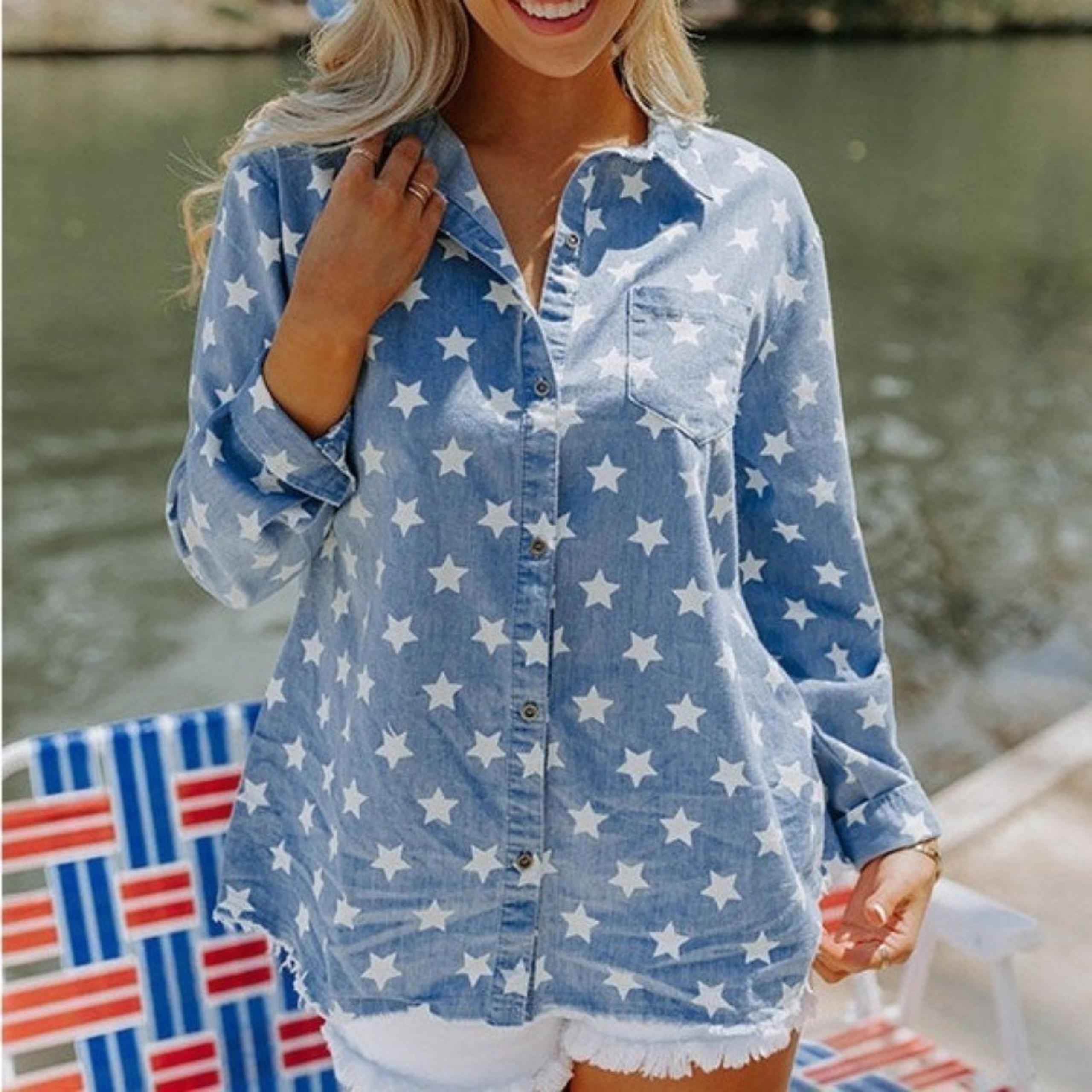 NWT BLUE B Chambray Button Down Shirt Women Small Stars holiday Americana Top