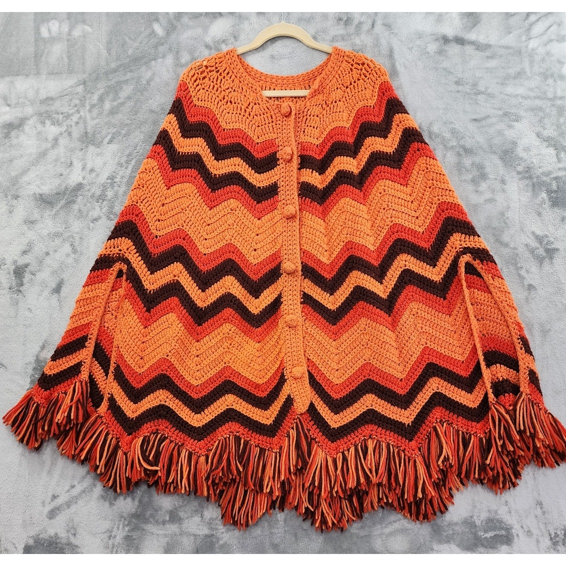 Vintage Crochet Chevron Button Front Shawl Poncho One Size Orange Brown Fringe