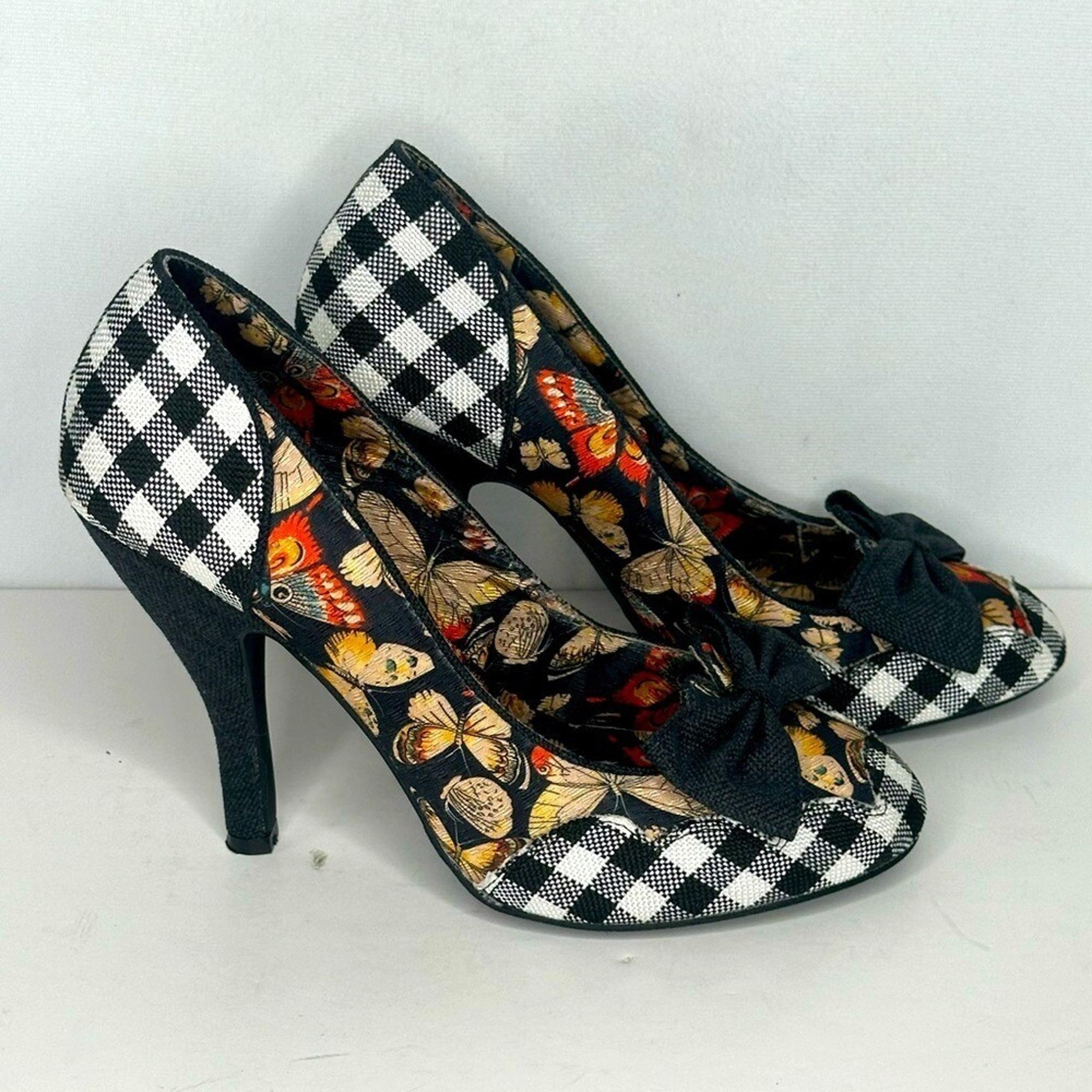 Dolce By Mojo Moxy Bashful Black White & Butterfly Design Pumps Retro Sz 10