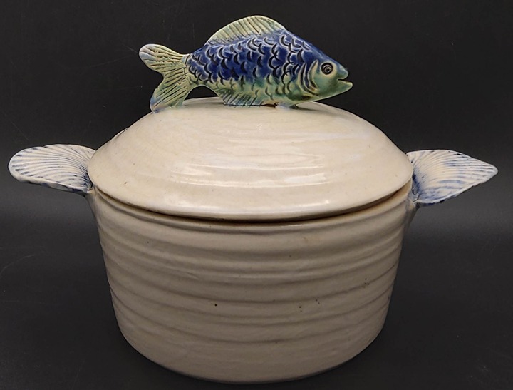 Vintage Lolita Demers Pottery Bowl Pot with Scallop Shell Handles and Fish Lid