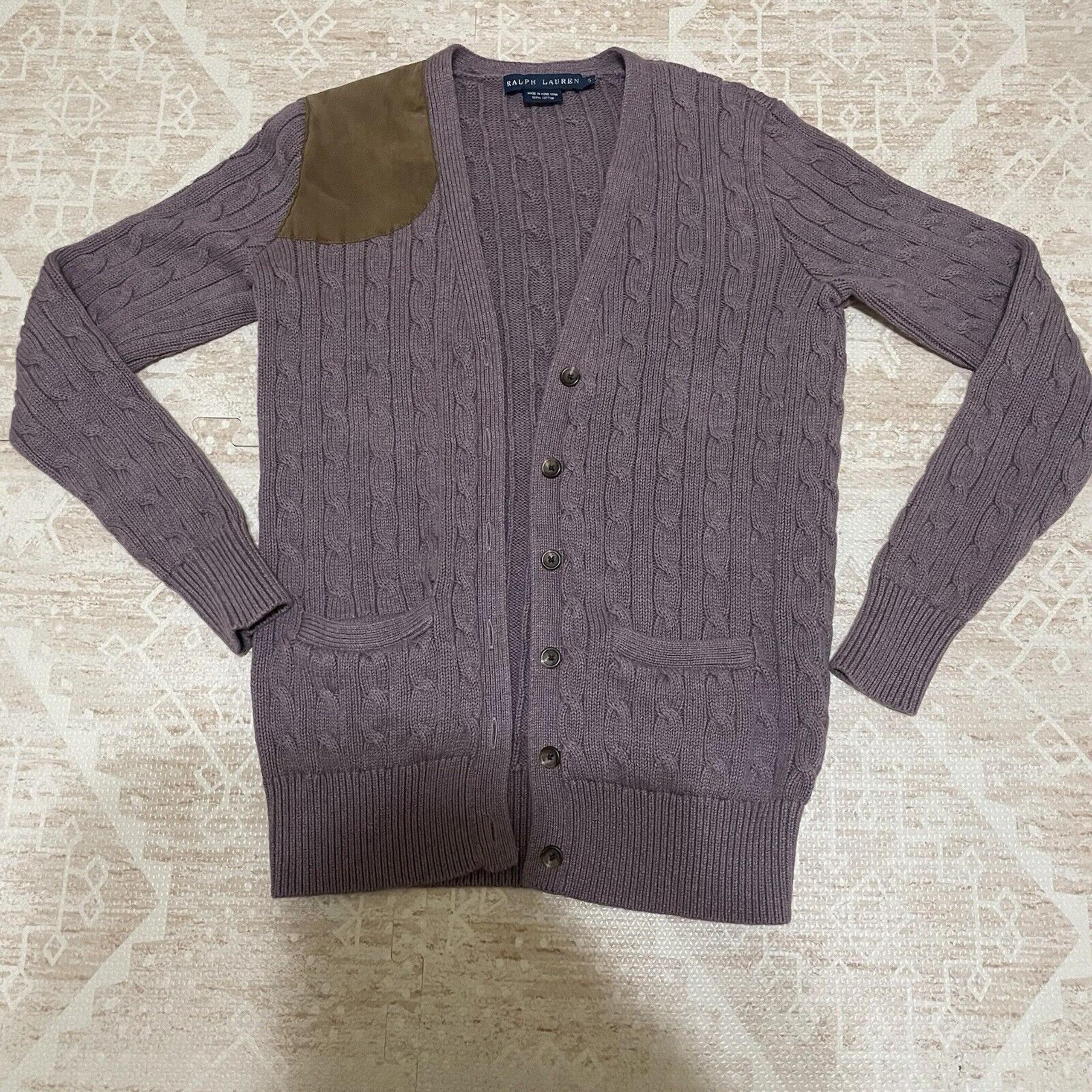 Ralph Lauren Vintage Cardigan Sweater Women S Cable knit Fisherman Suede Patch