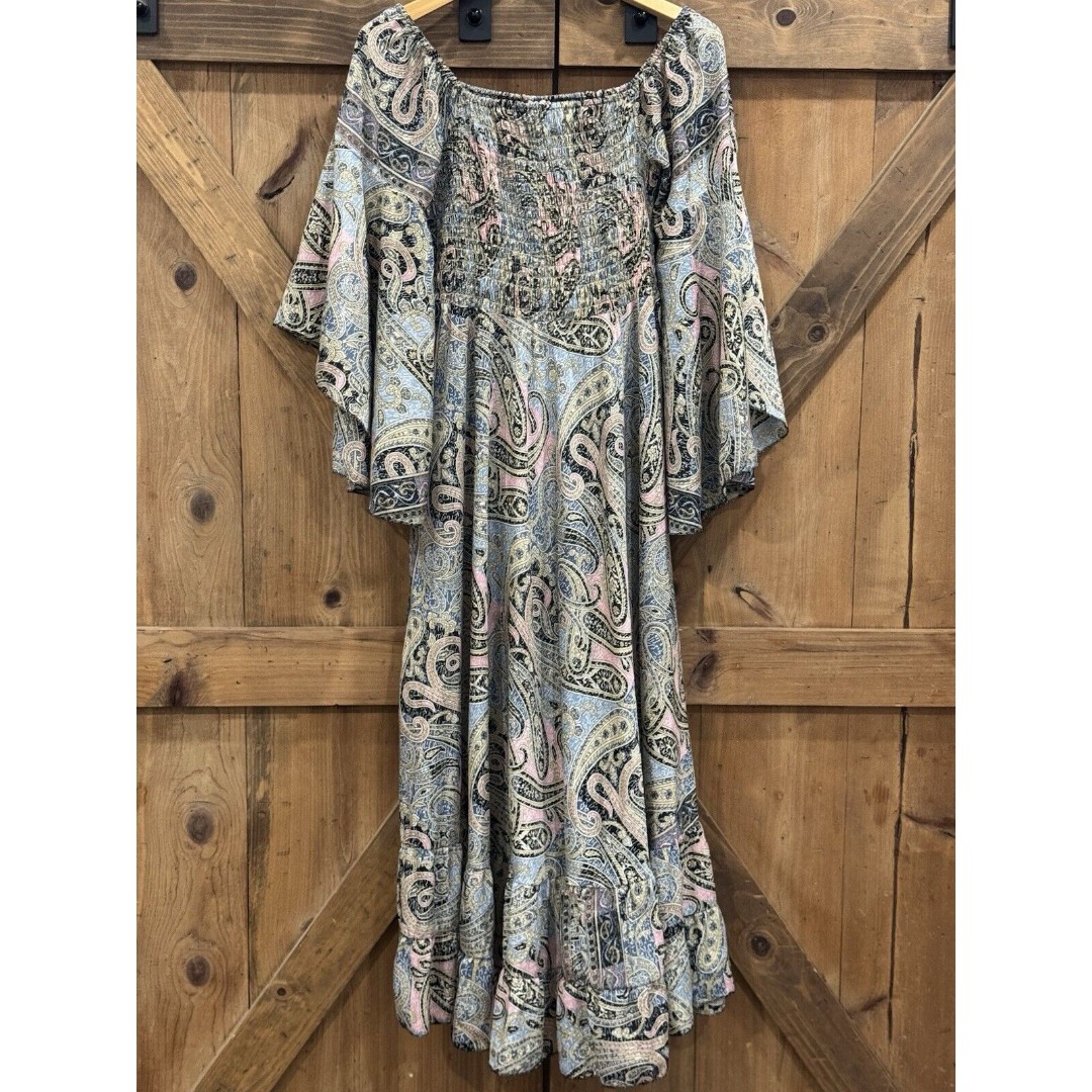 Zury Women’s Silk Blend Maxi Dress Blue Pink Paisley Kimono Sleeve One Size Boho