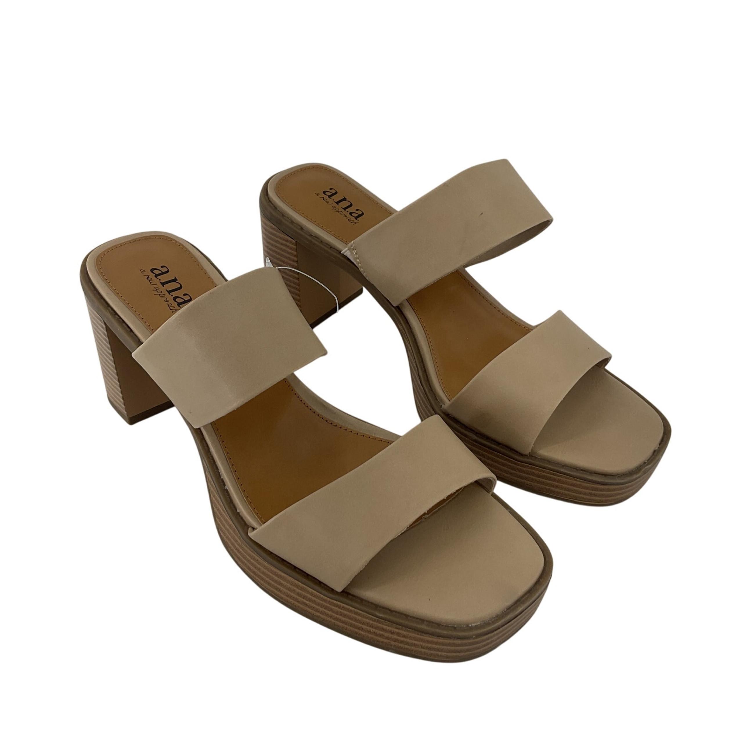 a.n.a Tan Double Strap Open Toe Mule Block Heels Size 11 Women's Preowned