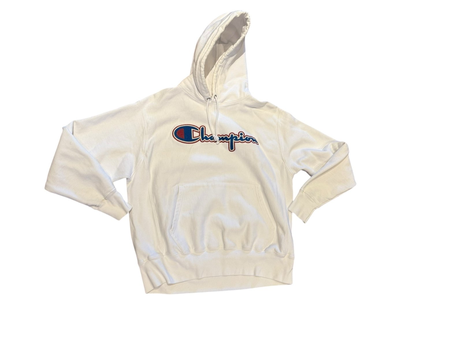 Champion Reverse Weave White Size Large Hoodie with Textured Logo