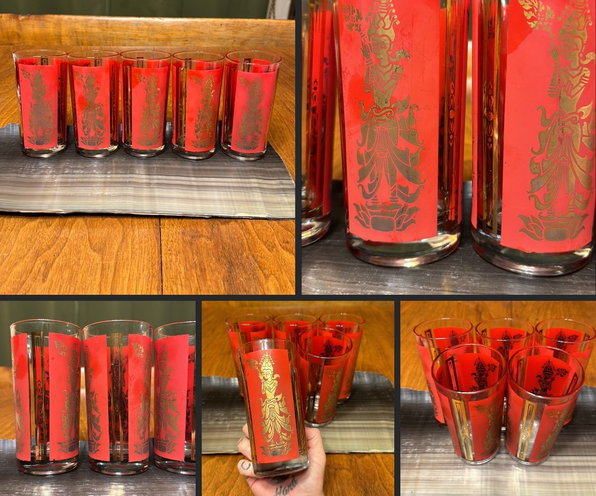 Vintage Mid Century Culver Red and Gold Thai Goddess Tumbler Glasses Set of Five
