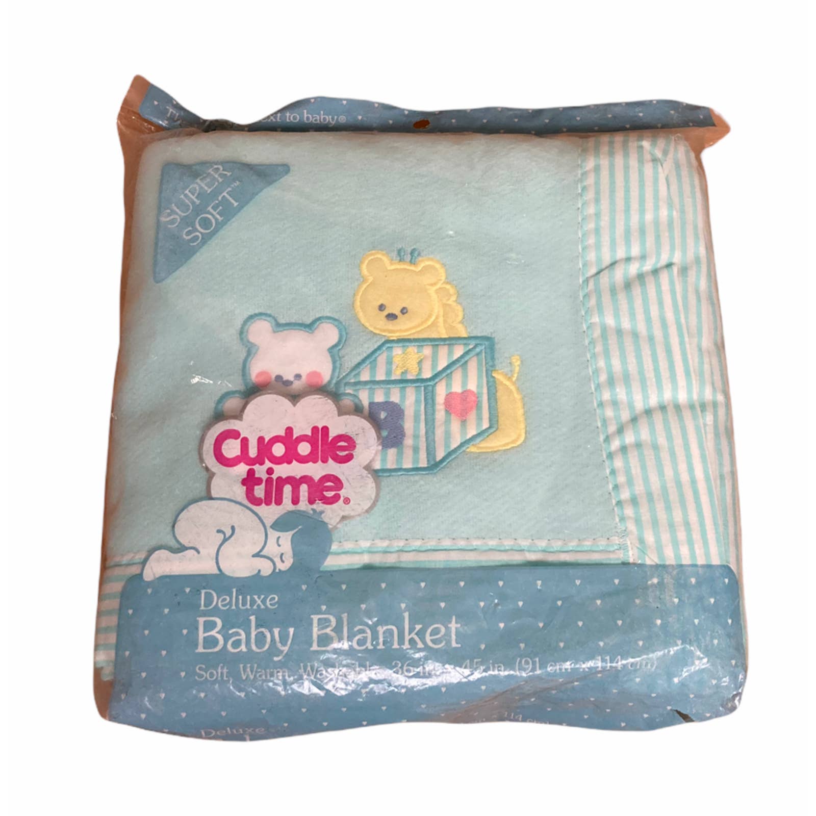 Vintage Baby Blanket Cuddle Time Blue Blocks Teddy Bear Tiboro 36 x45 New USA