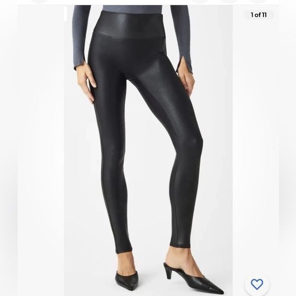 SPANX Black Faux Leather Shiny Coated Shaping Slim Leggings womens M NWOT