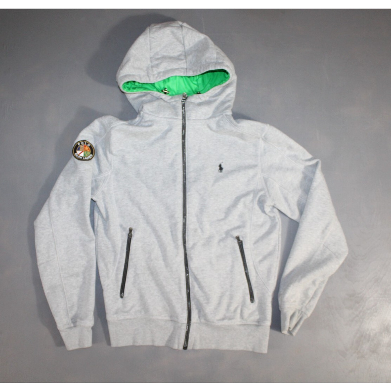 Polo Ralph Lauren Cookie Patch Logo Hoodie Sweatshirt Men M Gray Grey Full Zip