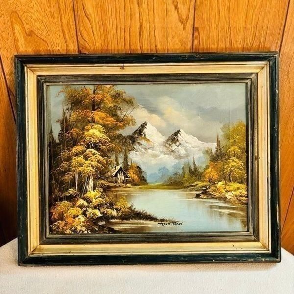 G Whitman Oil On Stretched Canvas Mountain Cabin Scene Framed 20x16 Signed