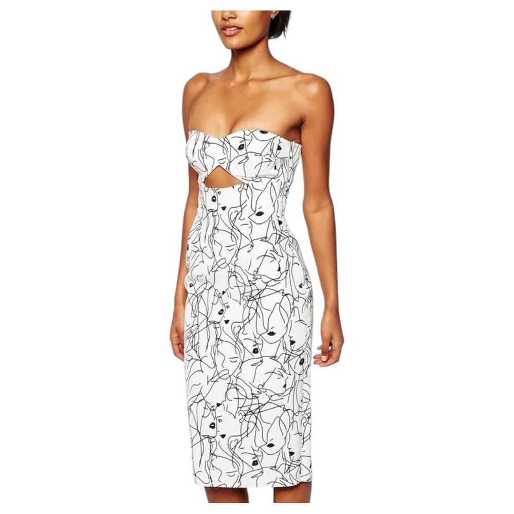 Shakuhachi Strapless Faces Print Bustier Midi Dress, Black White, Size S, NWT