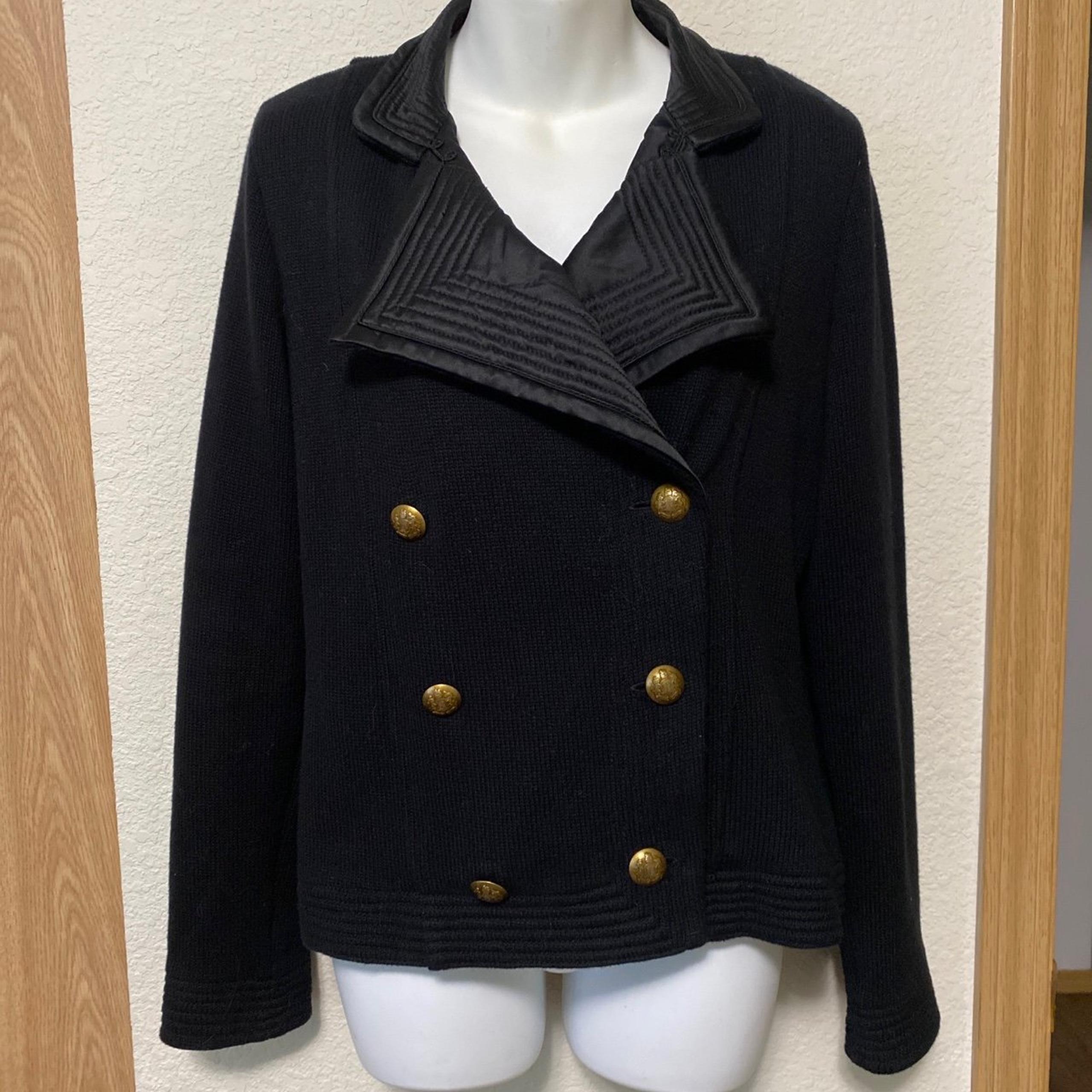 Ralph Lauren double breasted black sweater, gold buttons & quilted details Sz M