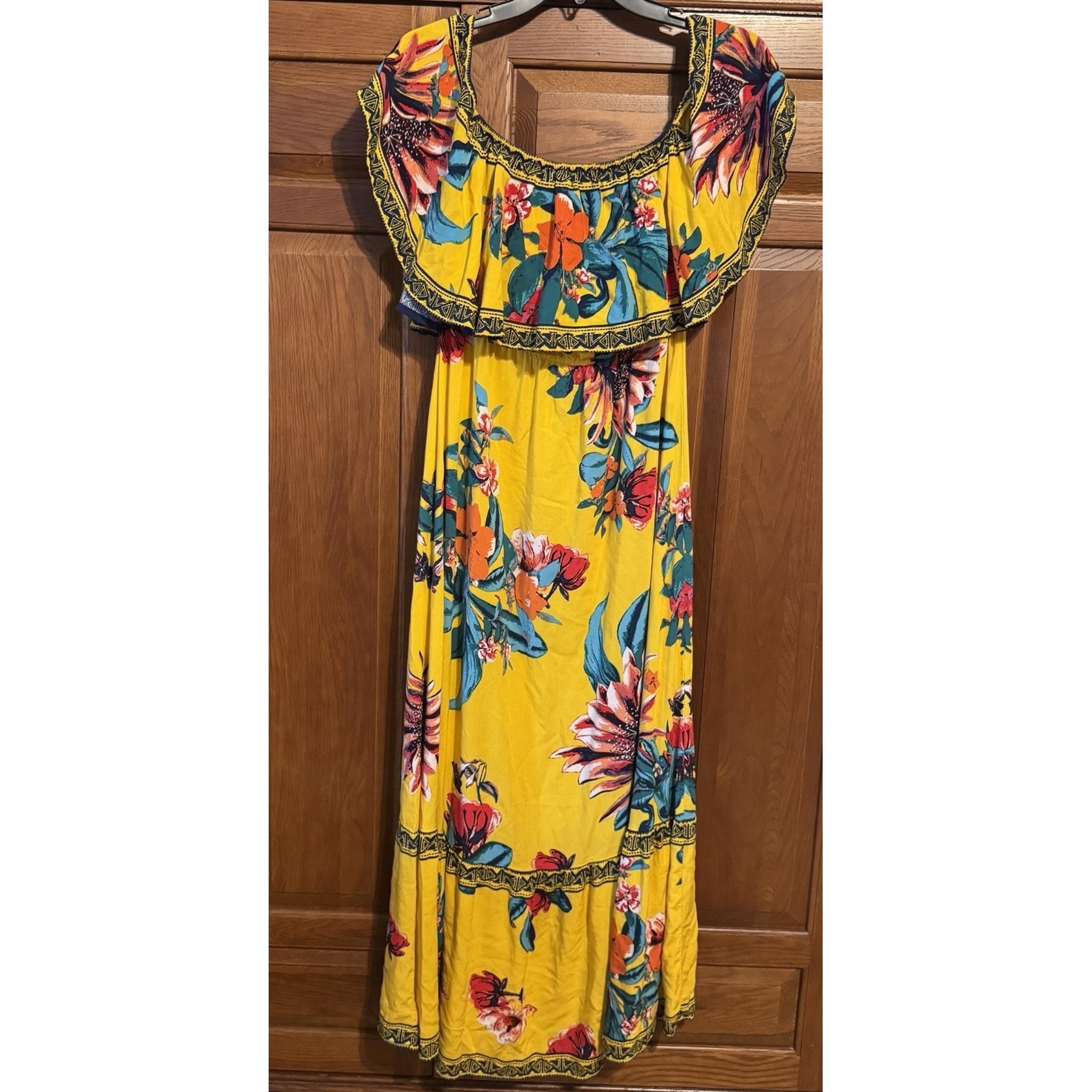 Flying Tomato Sun Dress Maxi Yellow Boho Floral Ruffle Size Med
