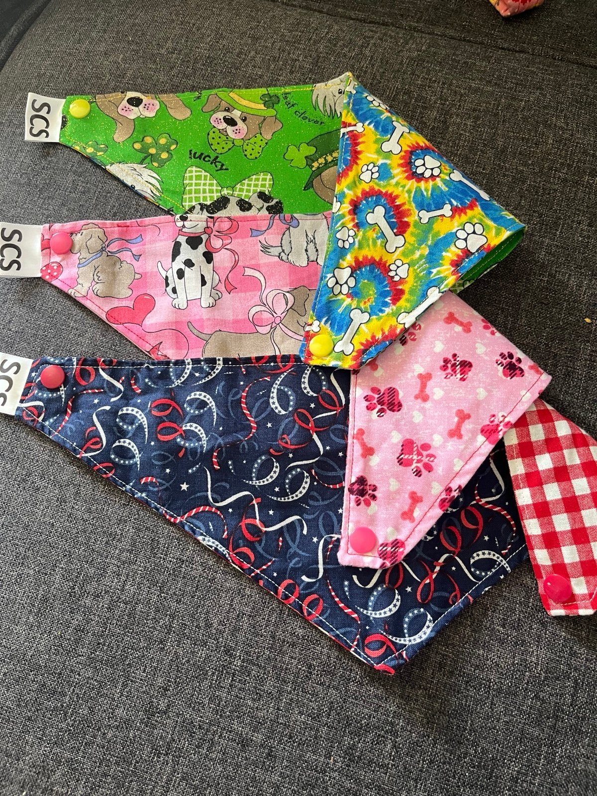 9 Hand made reversible holiday dog bandannas 12 1/2 inches with snaps