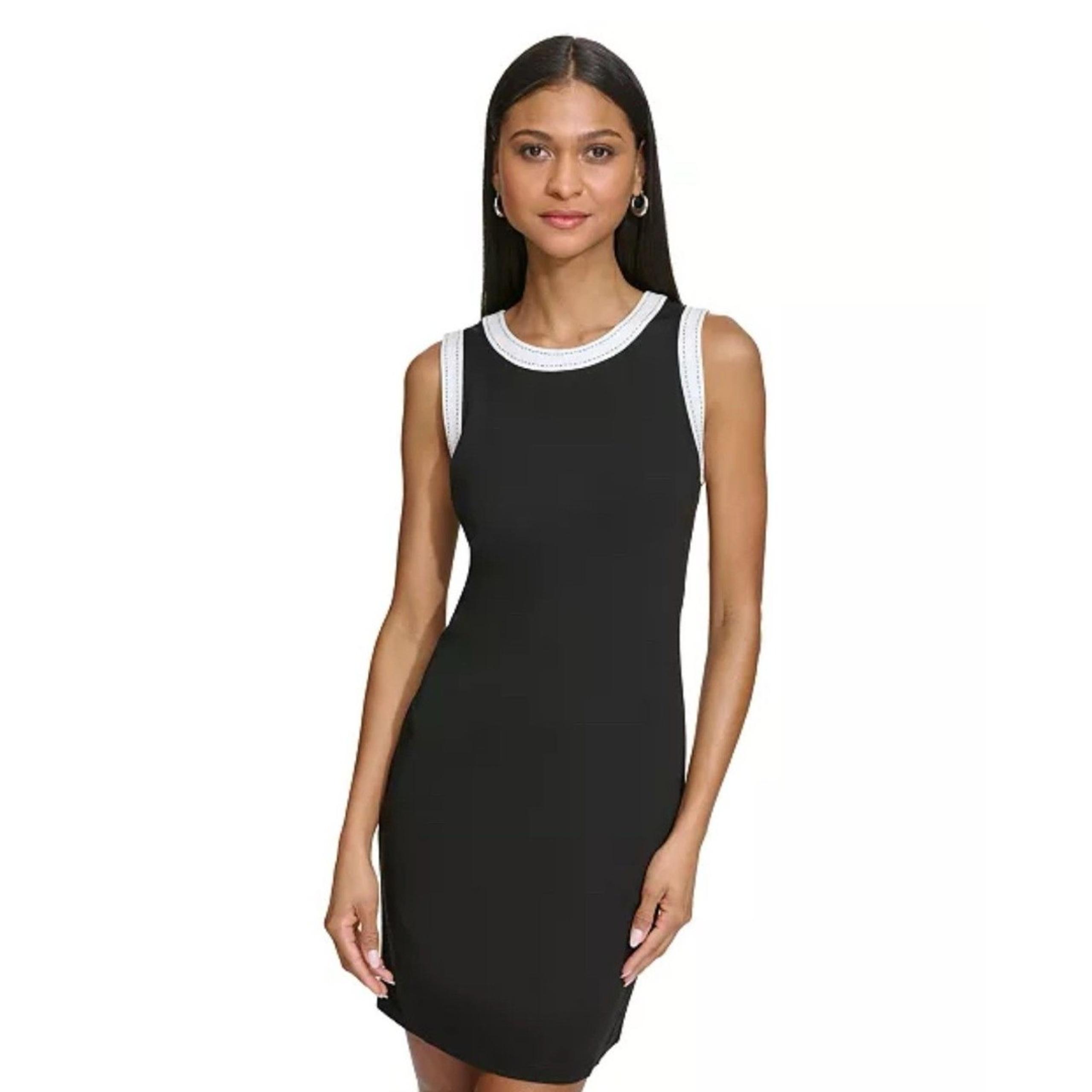 Karl Lagerfeld Paris Womens Black Sleeveles Fitted Dress Contrast-Trim Large