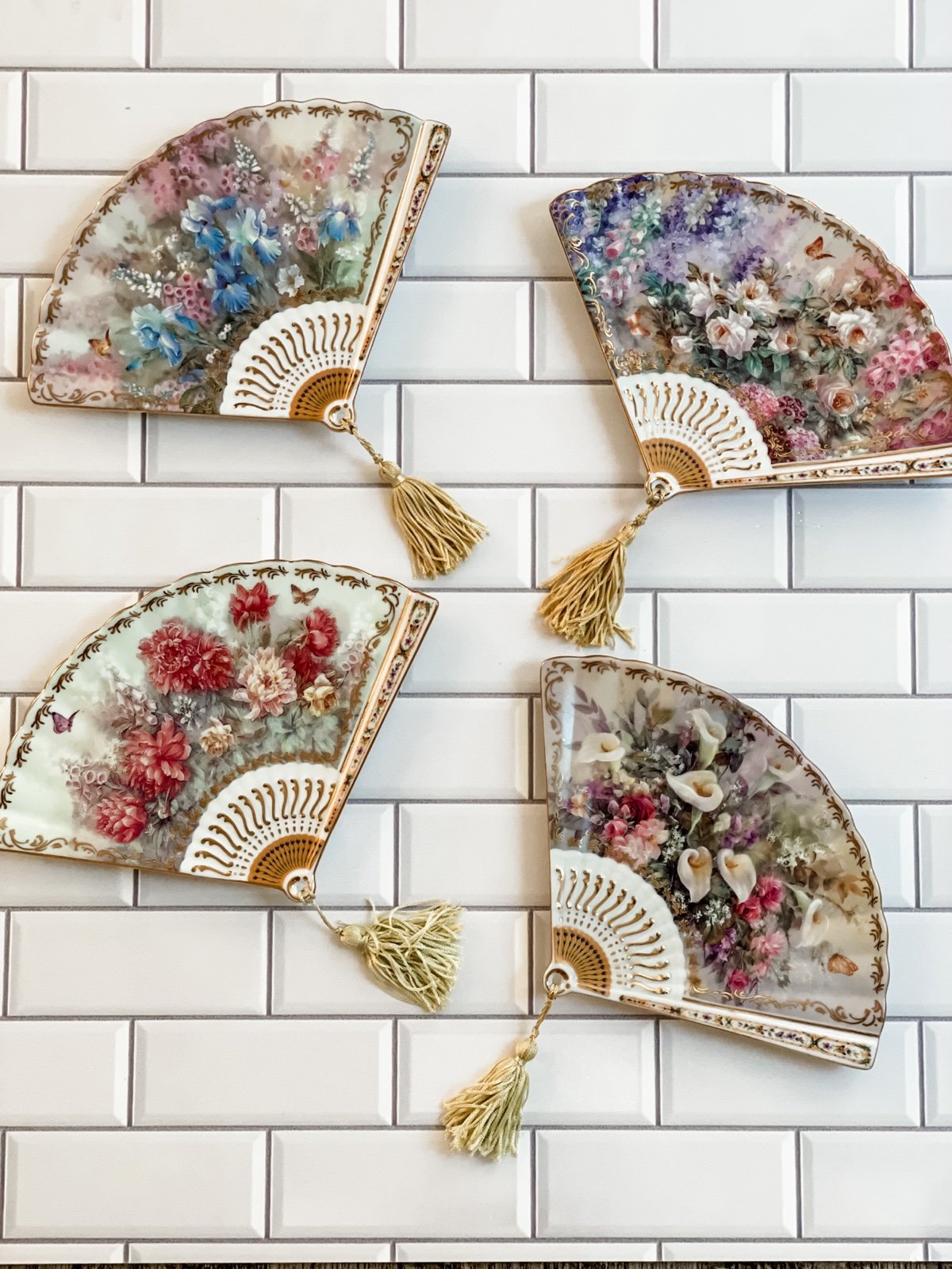 Vintage Lena liu porcelain unfolding fan wall decor with tassels set of 4
