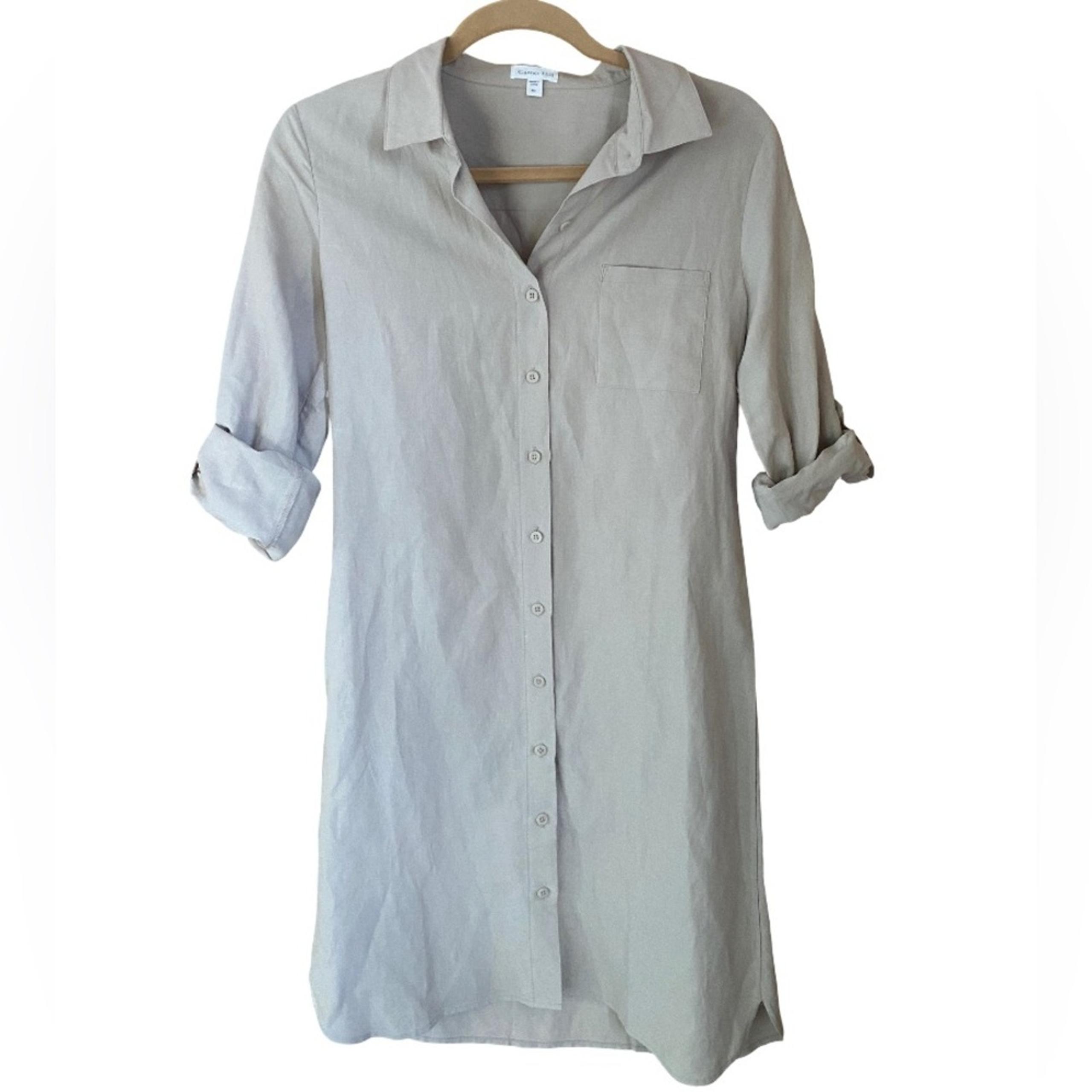 Garnet Hill silk and linen taupe button-down shirt dress with rolled sleeves