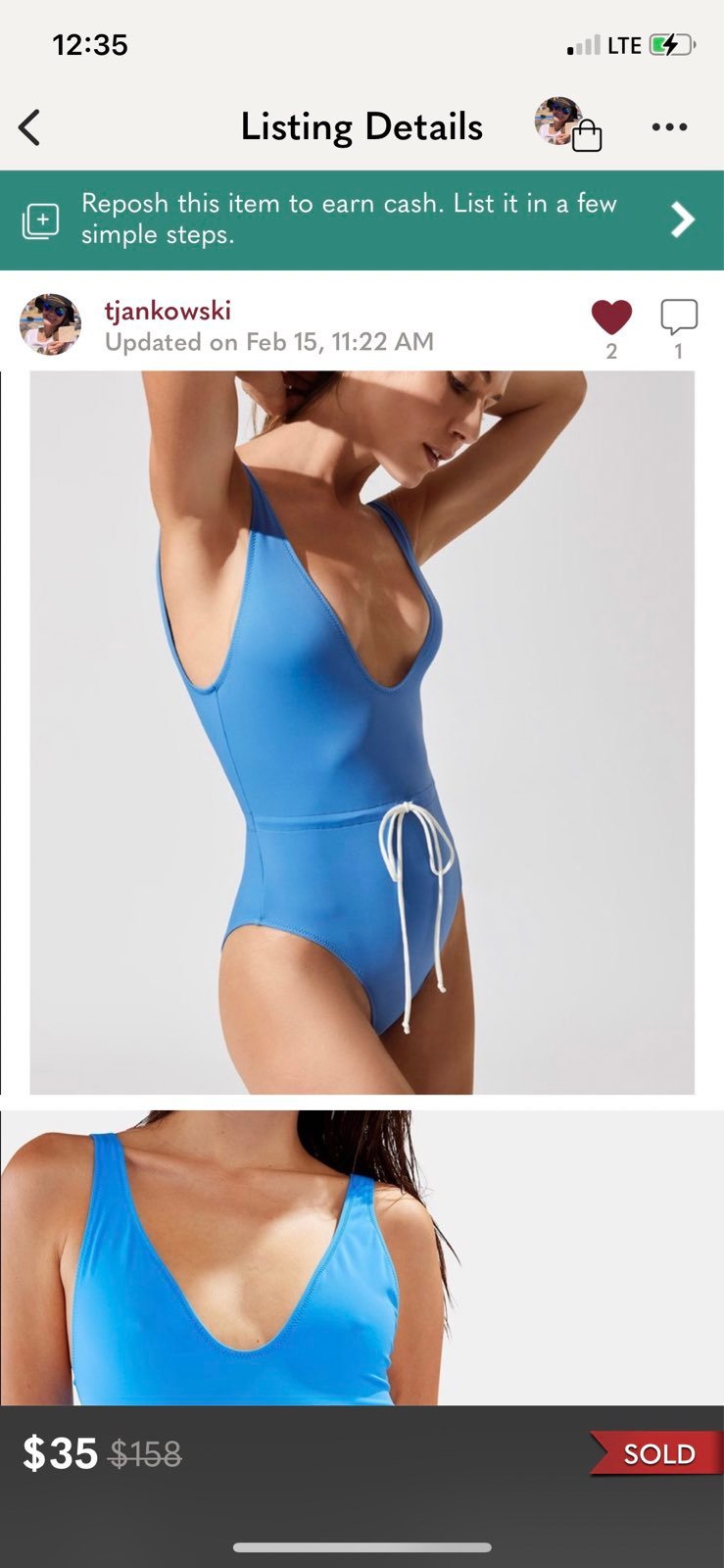 Solid & Striped cinched brilliant blue low-back one piece