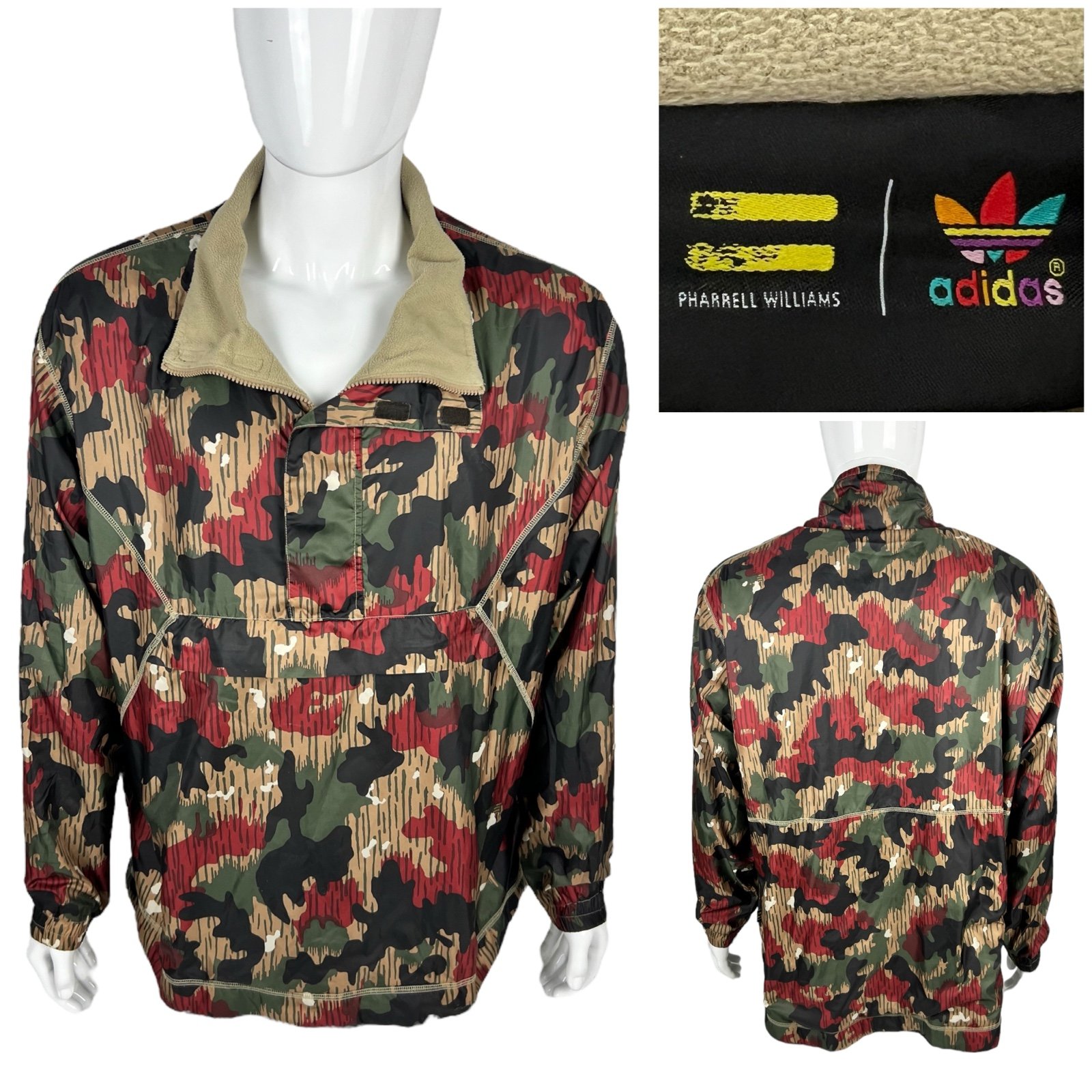 Adidas Originals x Pharrell Williams Mens XL Pullover Windbreaker 1/2 Zip Camo