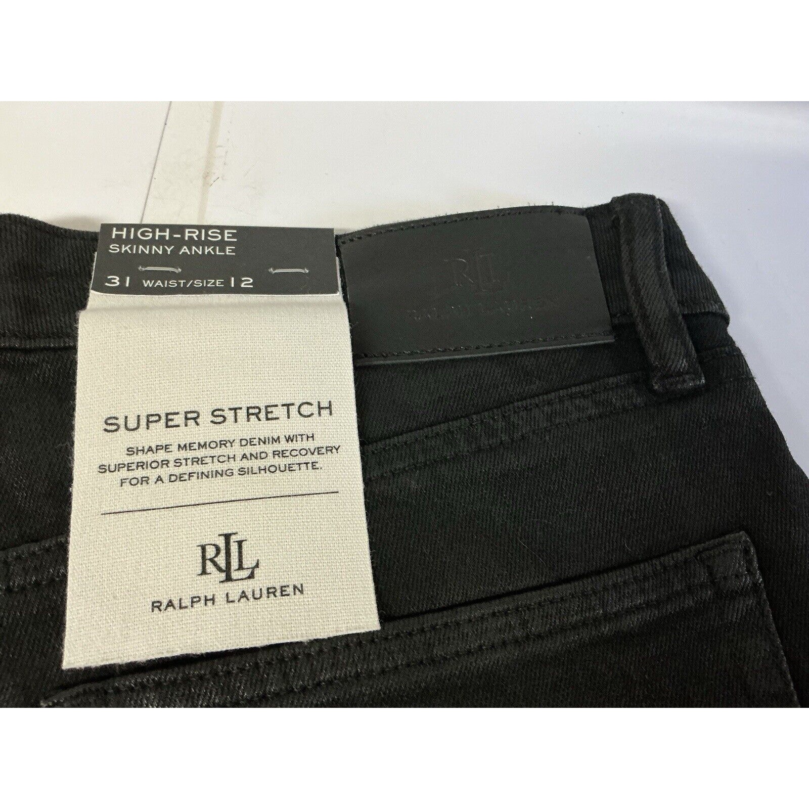 NEW Lauren Ralph Lauren Black Skinny Lace-Up Ankle Jeans Size 12 MSRP 165