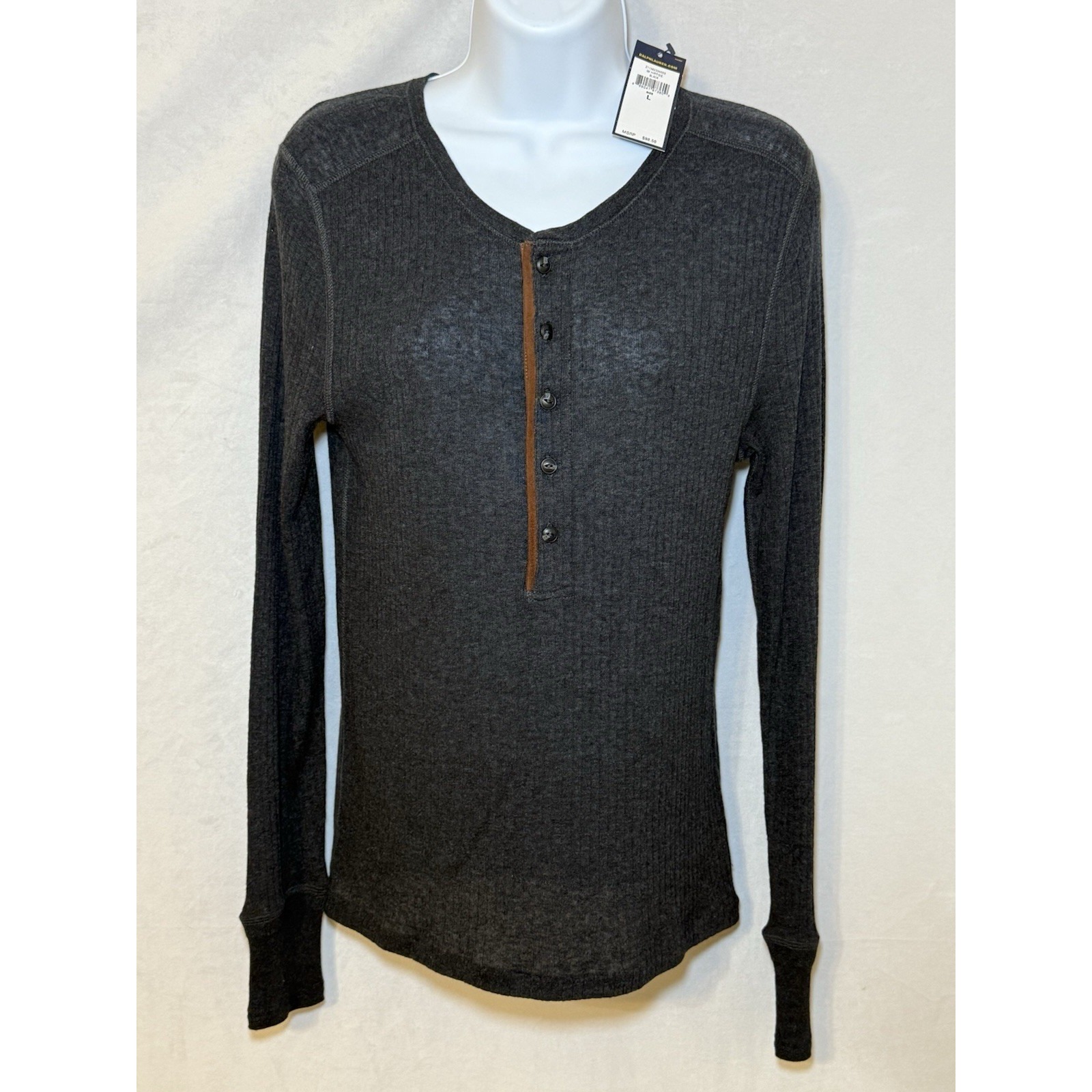 Polo Ralph Lauren Top Women's L Black Henley Ribbed Wool Viscose Long Sleeve Tee