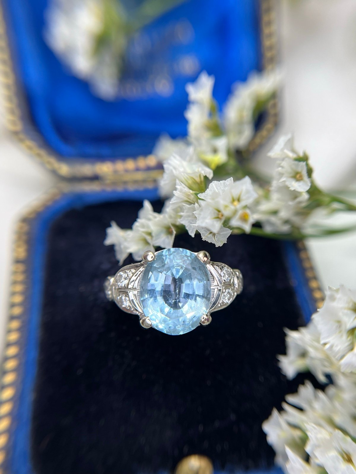 Blue Topaz and Diamond Ring 14k White Gold