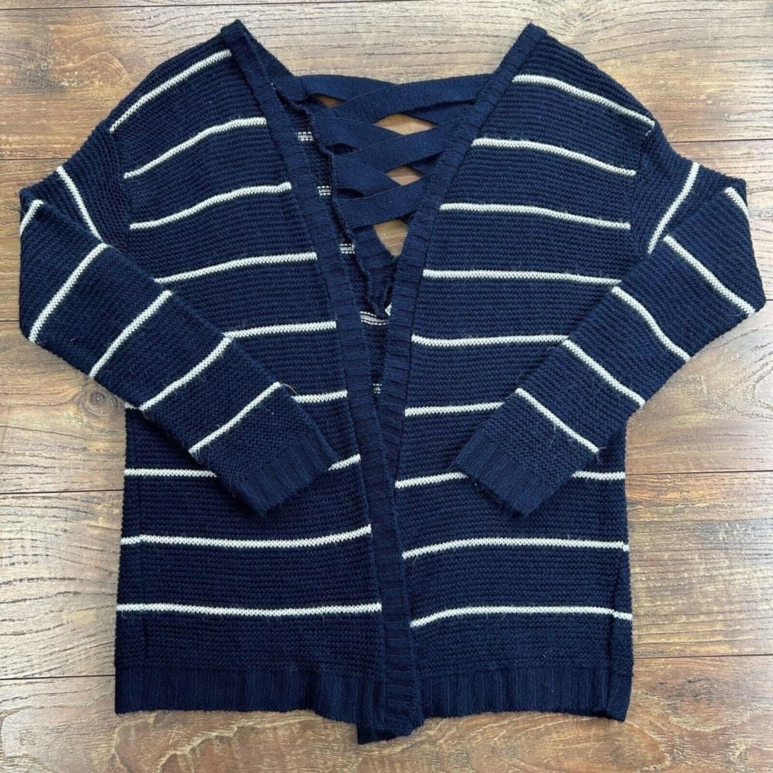 Serendipity By Victoria Cardigan Sweater Womens Large Blue White Stripe Cutout