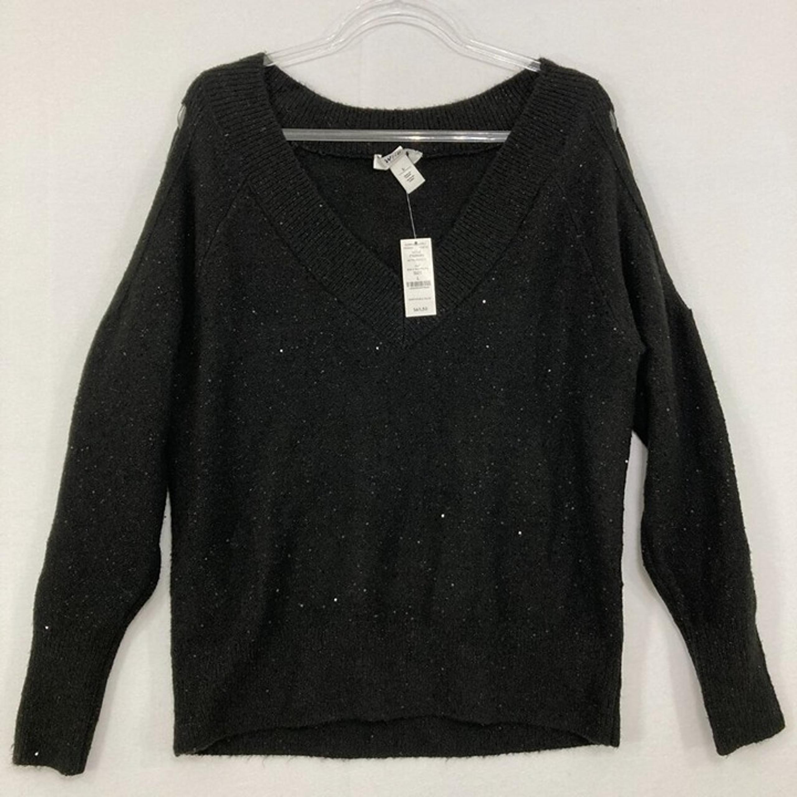 New White House Black Market Large Black Sparkling Sequins V Neck Knit Sweater