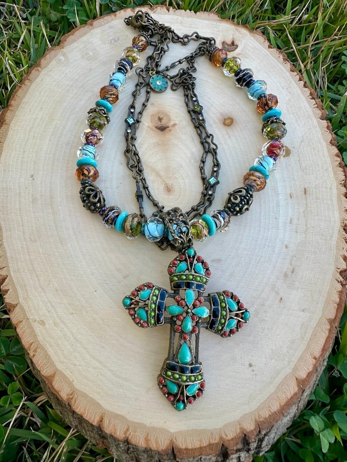 Sweet Romance Mayan Cross Necklace Glass Bead Triple Strand Adjustable Bronze
