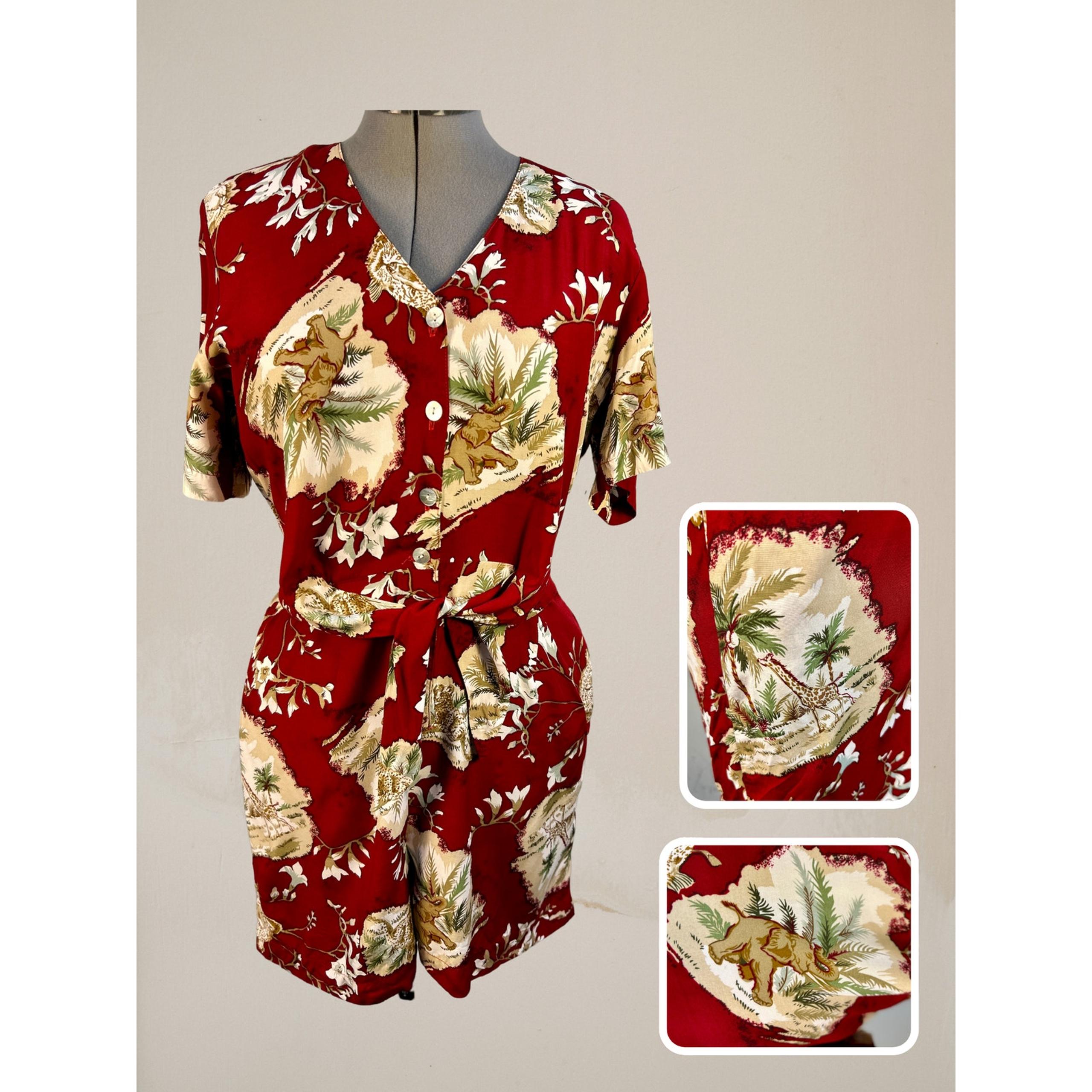 Vintage 80s Carol Anderson California  Safari Brick Red Tie Waist Romper Size 12
