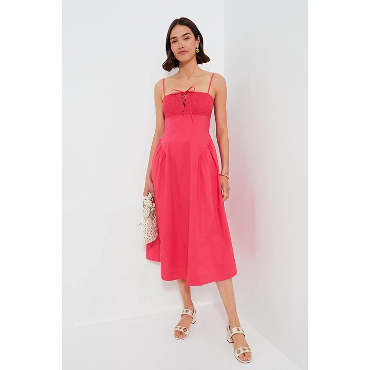 Hyacinth House Tuckernuck NWT Watermelon Pink Smocked Serafina Midi Dress Small