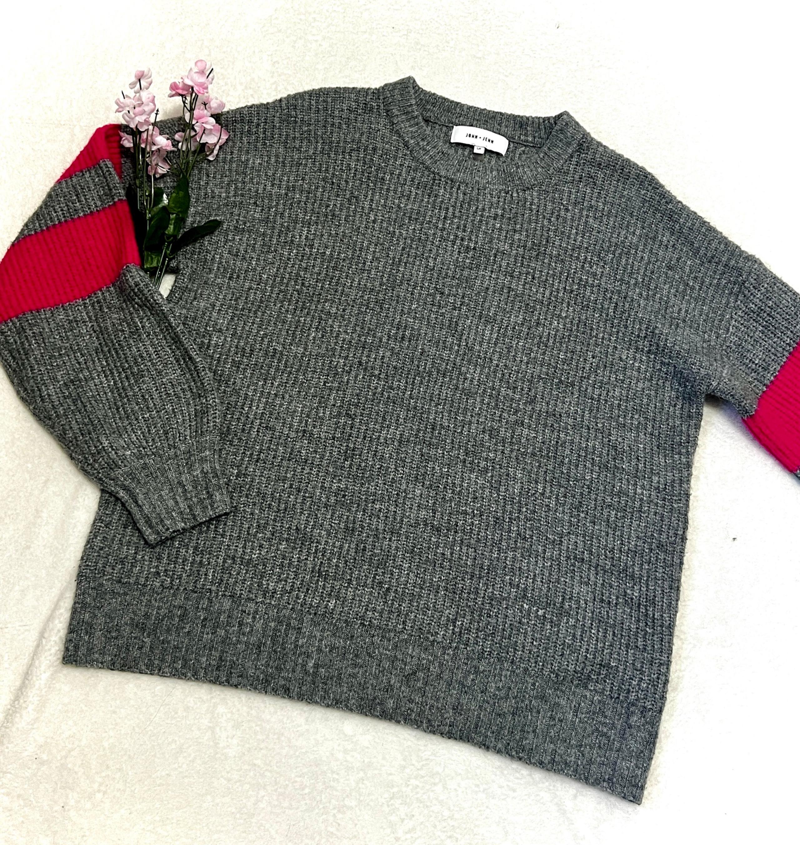 John + Jenn Grey & Hot Pink Crewneck Sweater