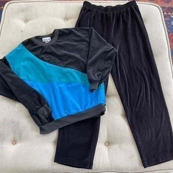 Vintage 80s Cherry Hill Abstract Velour Track Suit Sweatshirt Pants Set Black Bl