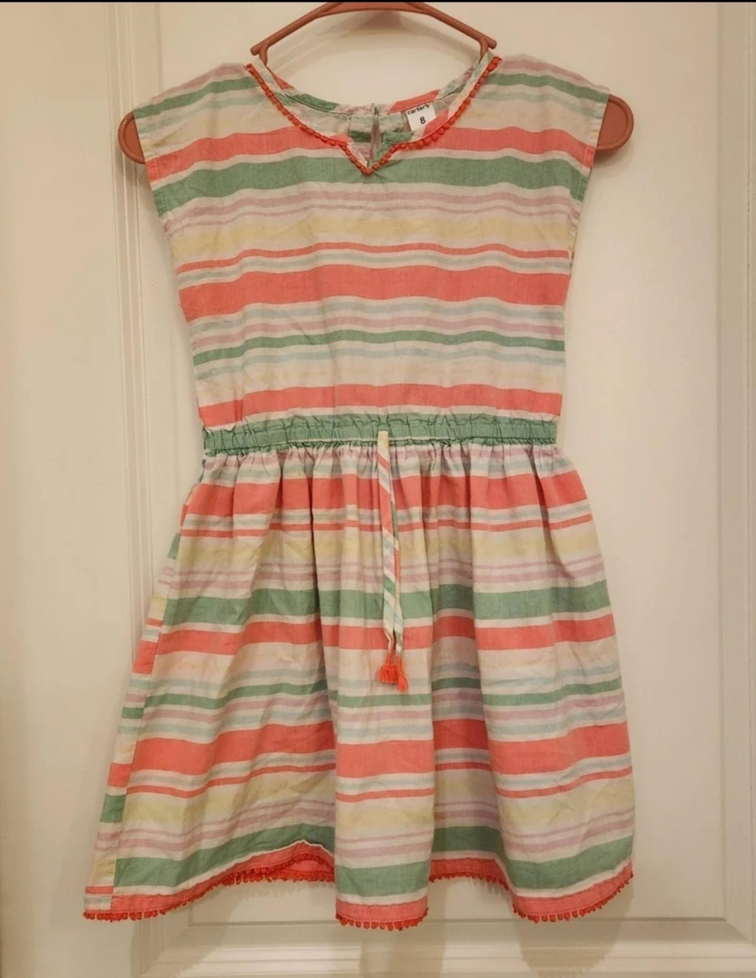 Carters Girls Striped Sleeveless Spring Dress Pastel Colors Pink Green Size 8