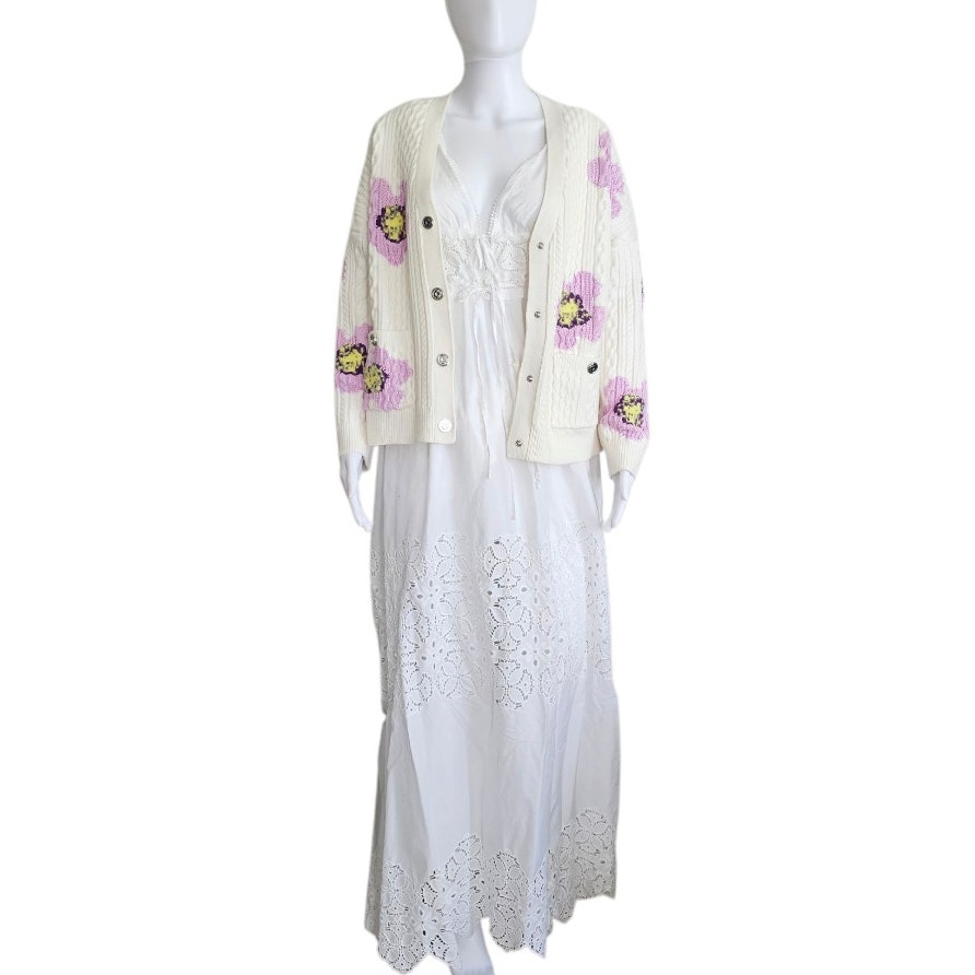 Maje Moflow Cardigan Size Large Floral Novelty Hippie Feminine Chunky Cable Knit