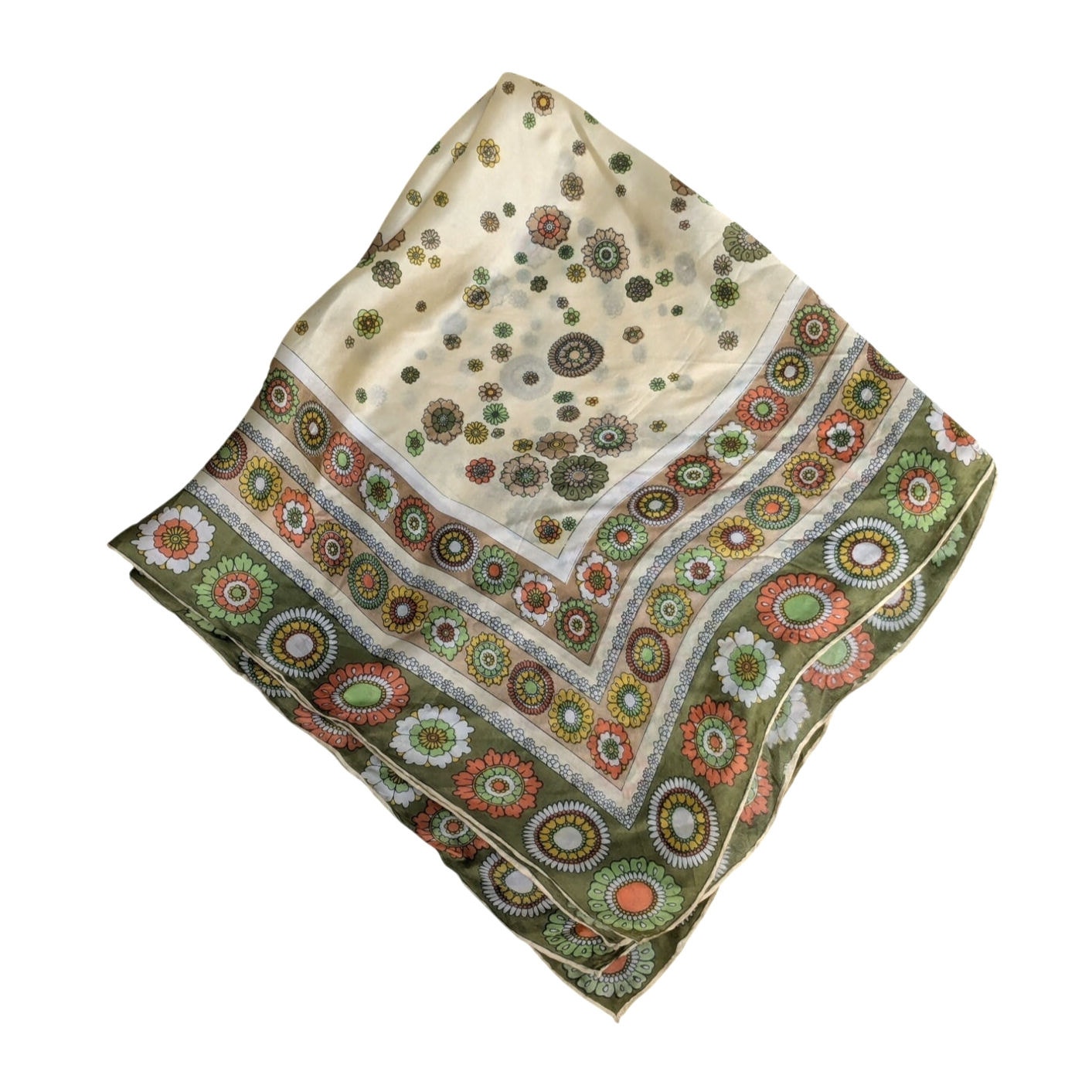 Vintage 1960s 70s MOD Green Pop-Art Floral Medallion Retro Silk Scarf 30 Square