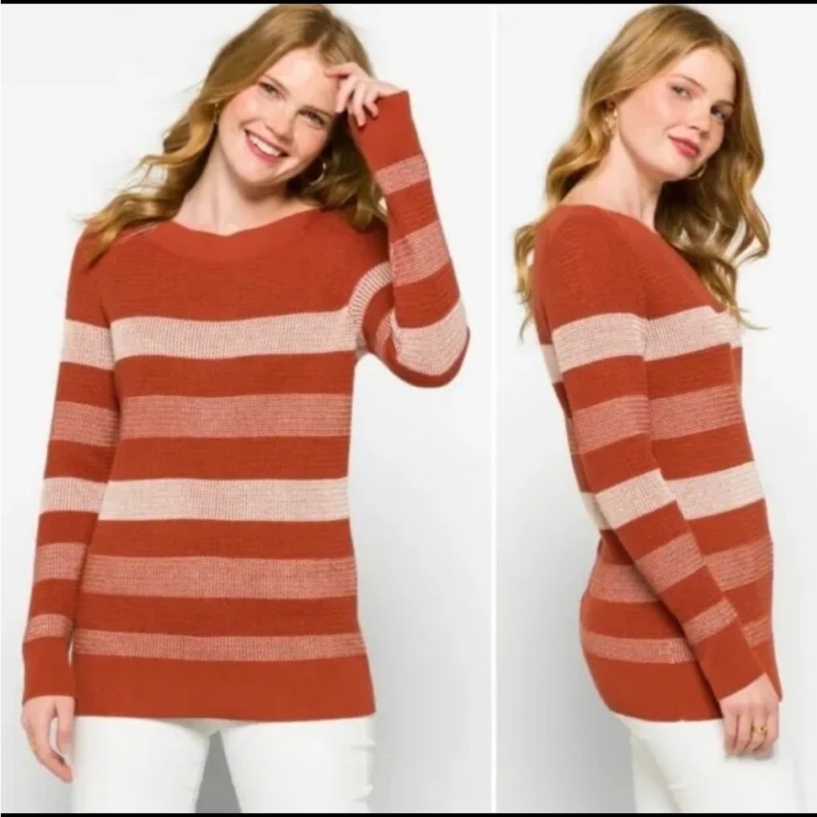 Market & Spruce Tawnee Cotton Blend Rust & White Stripe Waffle Sweater Sz L NEW