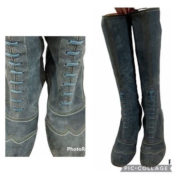 L’autre Chose Blue Suede Granny Style Heeled Boots Size 37