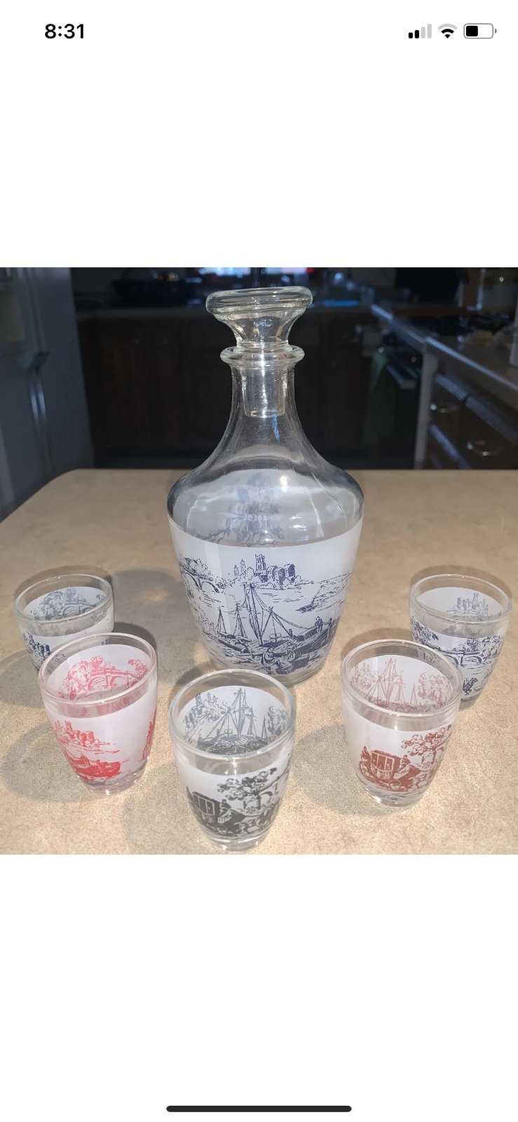 Vintage Luminarc France Liquor Decanter & Multi Color 5 Shot Glass Set Service