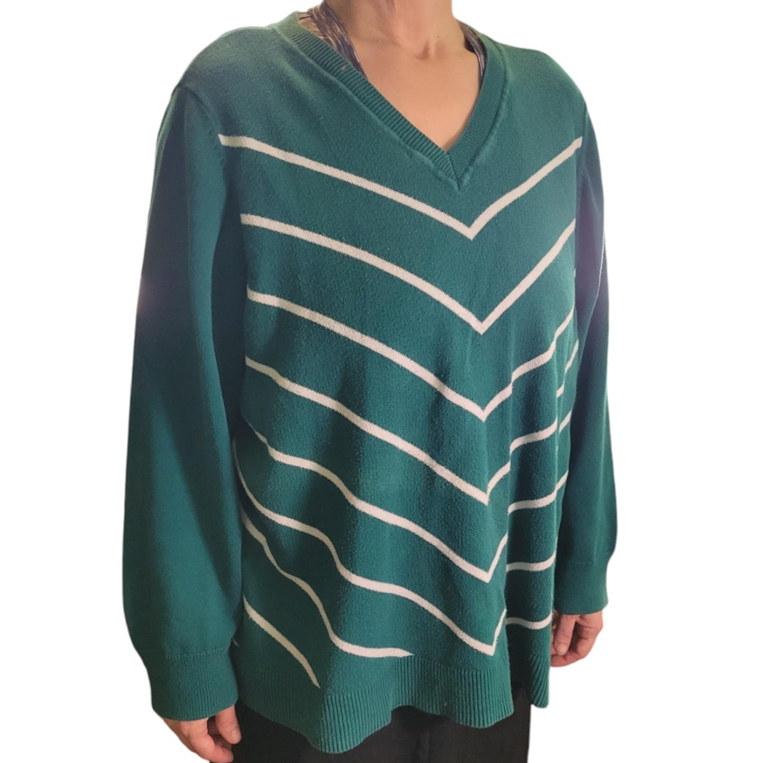 LIZ CLAIBORNE Womens Green Chevron Sweater Sz 2X V-Neck Minimalist Graphic