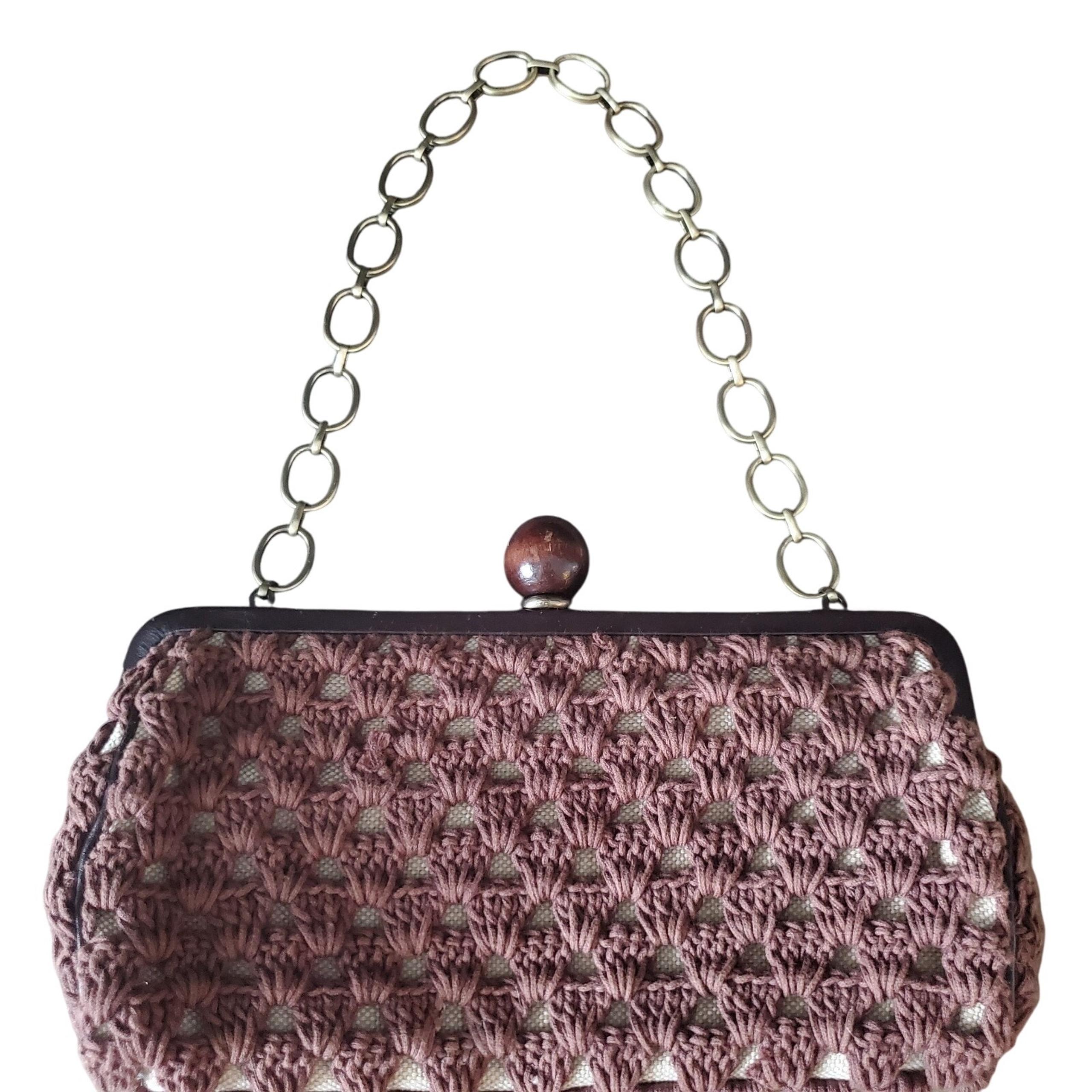 Rafe New York Crochet Purse & Metal Handle Adult's Small 10" Brown BOHO Wood Top