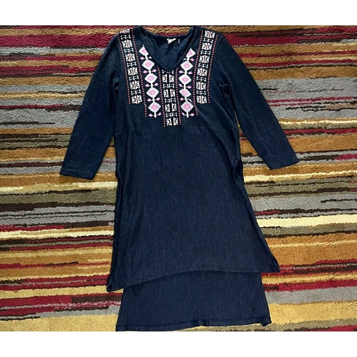 Akemi + Kin Anthropologie Midi Dress Size Medium Black Knit Embroidered Tiered