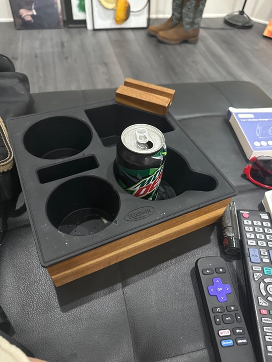 Couch Cup Holder Tray, Handy Soft Silicone Acacia Wooden Couch Caddy for Bed Car