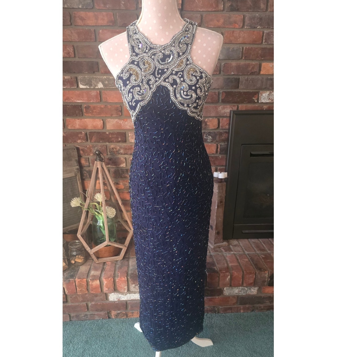 Stunning Laurence Kazar Silk Blue,Gold, Silver Sequin Evening Gown, Size PS